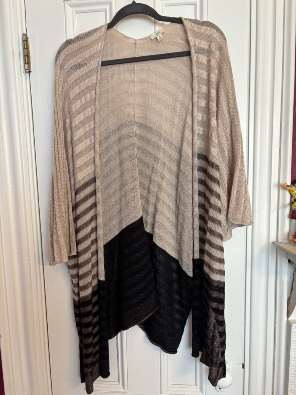 J. Jill Beige and Black Open-Front Striped Cardigan
